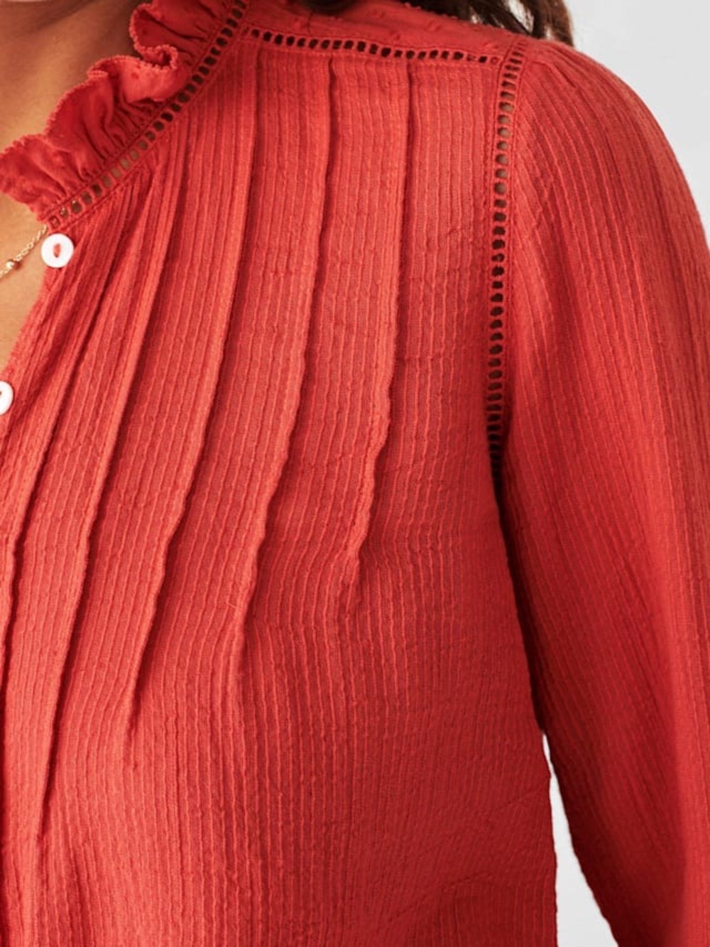 Faherty Coral-Red Button Front Ruffle Blouse - Picture 5 of 10